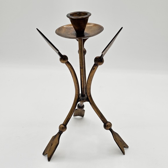 Single Bronze Metal Triple Arrow Candle Holder - Vintage Rustic Decor 8" - Picture 6 of 7